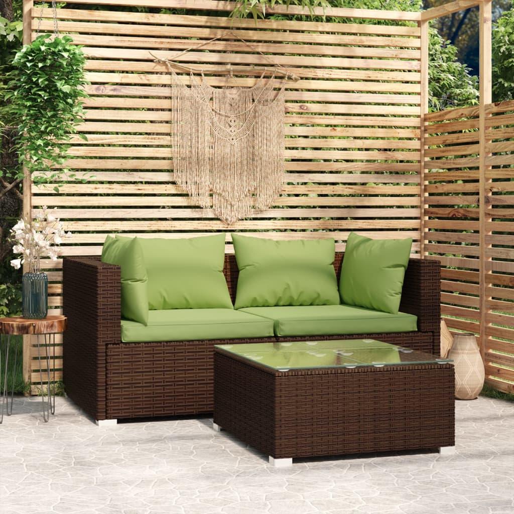 3 Piece Patio Lounge Set with Cushions Brown Poly Rattan at Set Shop and Smile