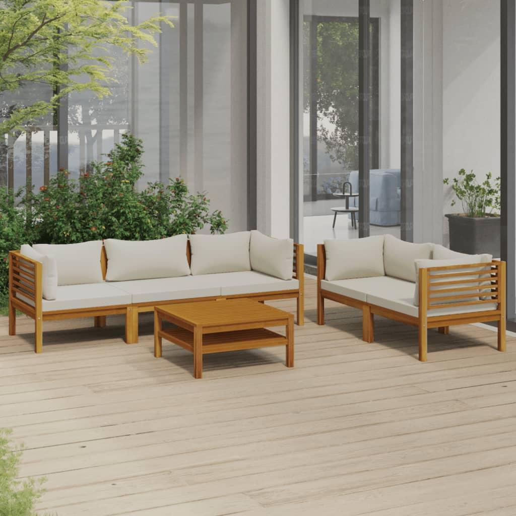 6 Piece Patio Lounge Set with Cream Cushion Solid Acacia Wood at Set Shop and Smile
