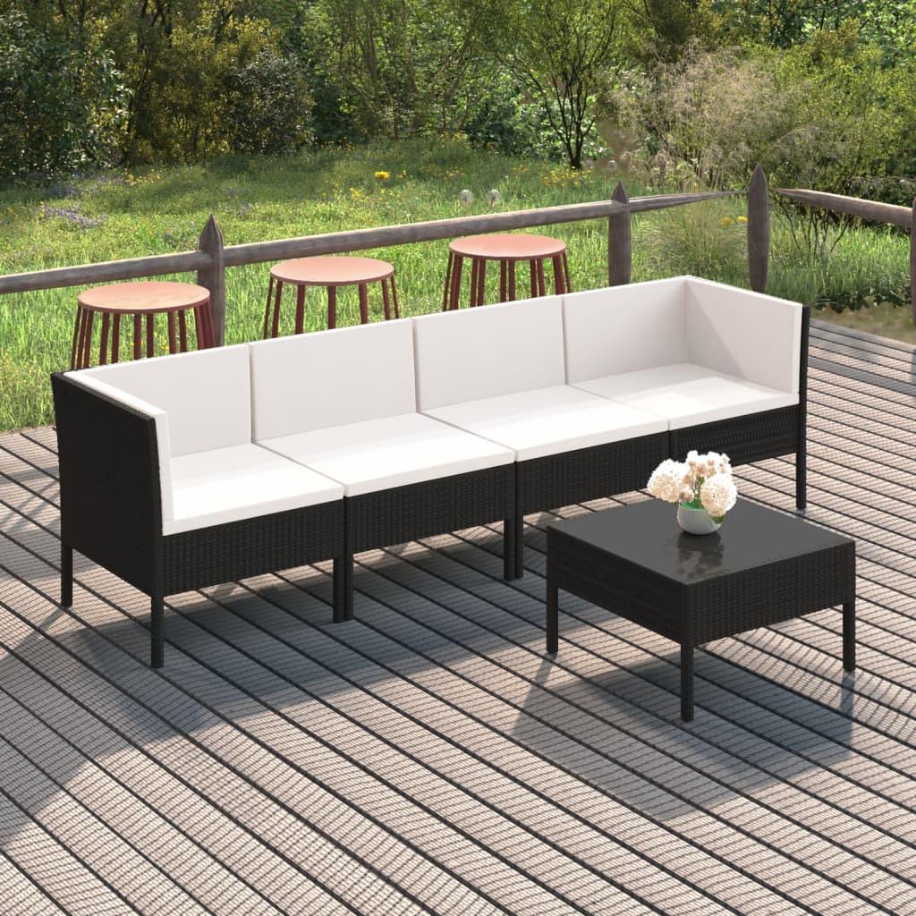 5 Piece Patio Lounge Set with Cushions Poly Rattan Black at Set Shop and Smile
