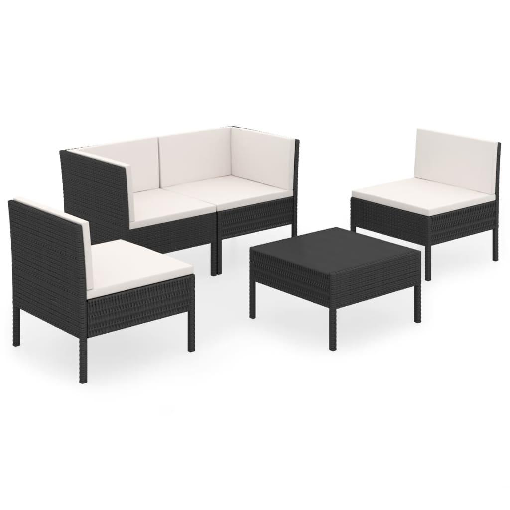 5 Piece Patio Lounge Set with Cushions Poly Rattan Black at Set Shop and Smile