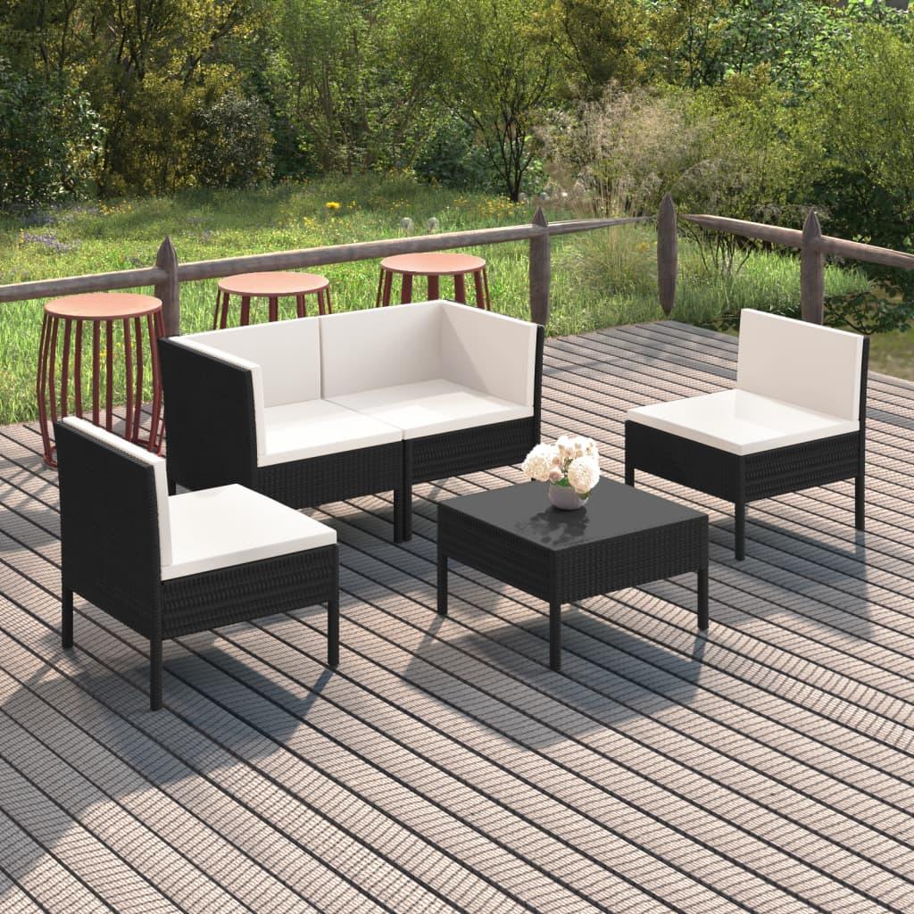 5 Piece Patio Lounge Set with Cushions Poly Rattan Black at Set Shop and Smile