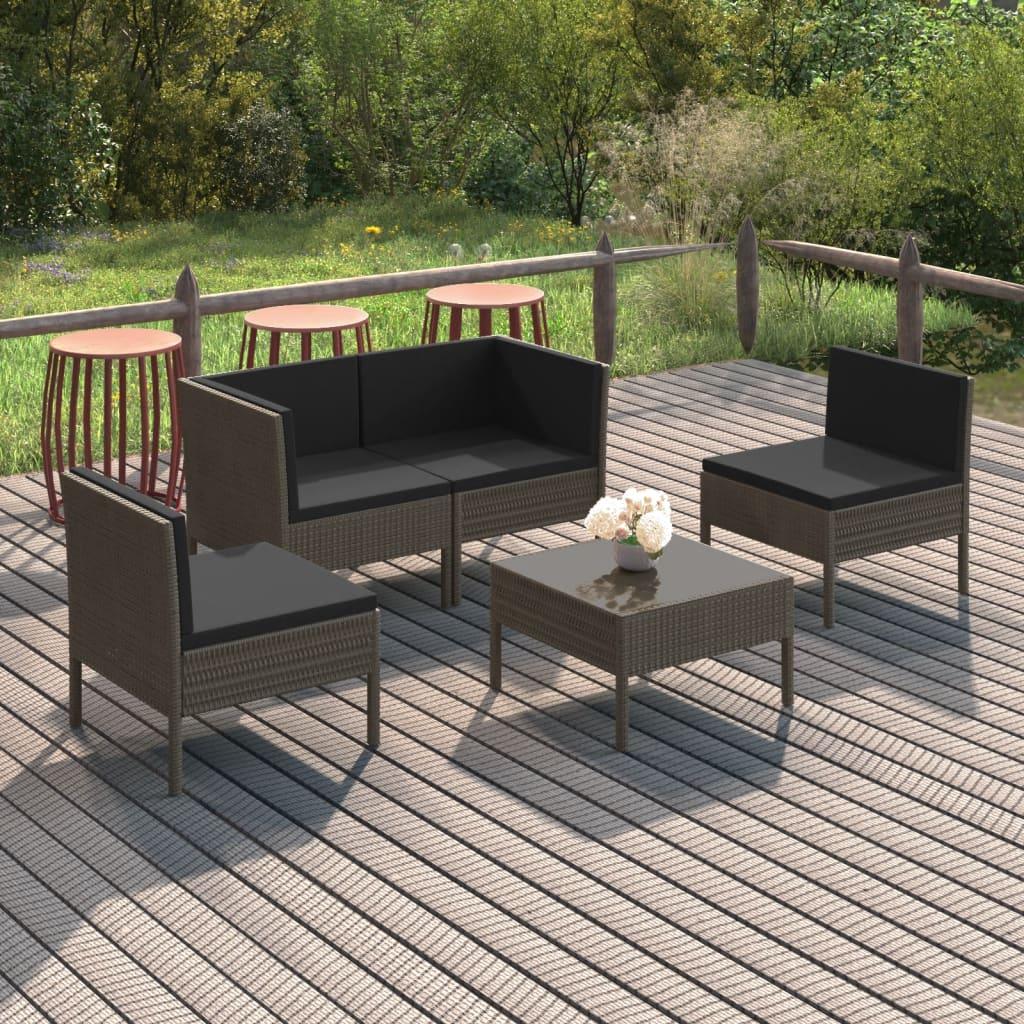5 Piece Patio Lounge Set with Cushions Poly Rattan Gray at Set Shop and Smile