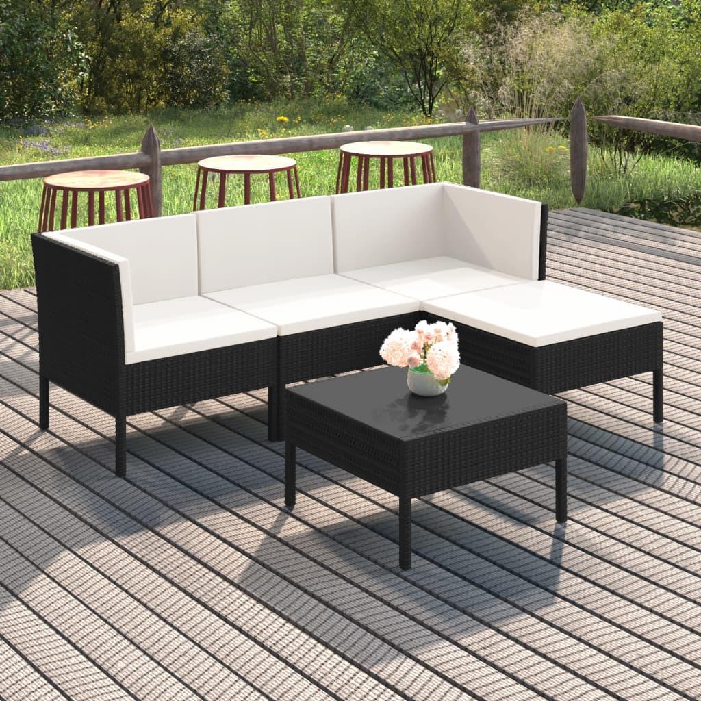 5 Piece Patio Lounge Set with Cushions Poly Rattan Black at Set Shop and Smile