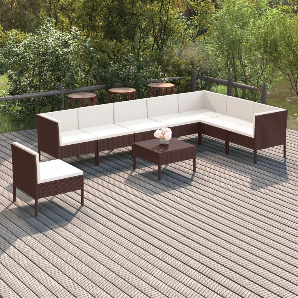 9 Piece Patio Lounge Set with Cushions Poly Rattan Brown at Set Shop and Smile