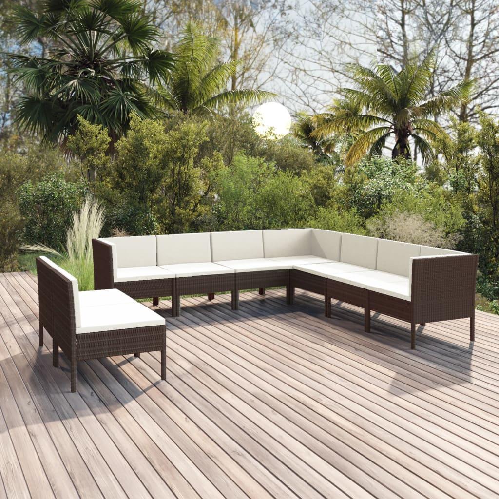 9 Piece Patio Lounge Set with Cushions Poly Rattan Brown at Set Shop and Smile