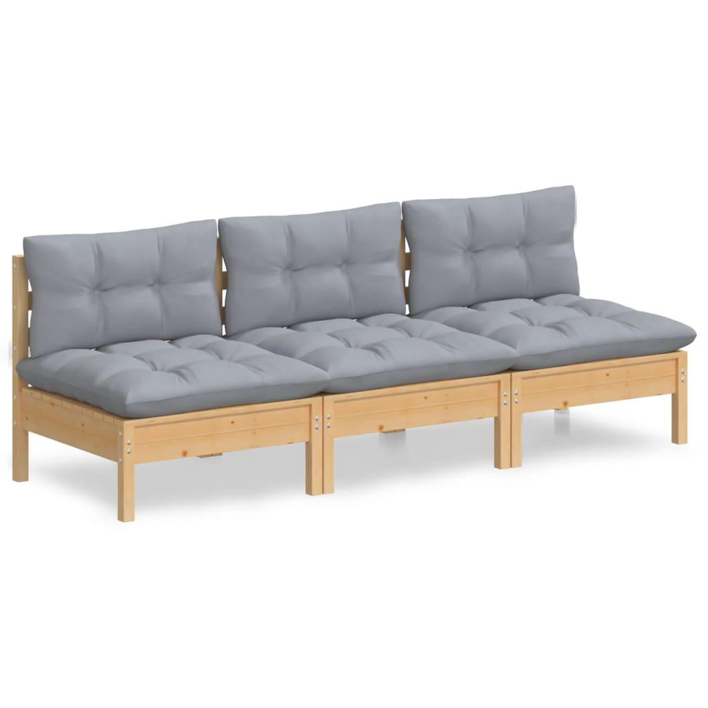 3-Seater Patio Sofa with Gray Cushions Solid Pinewood at Set Shop and Smile
