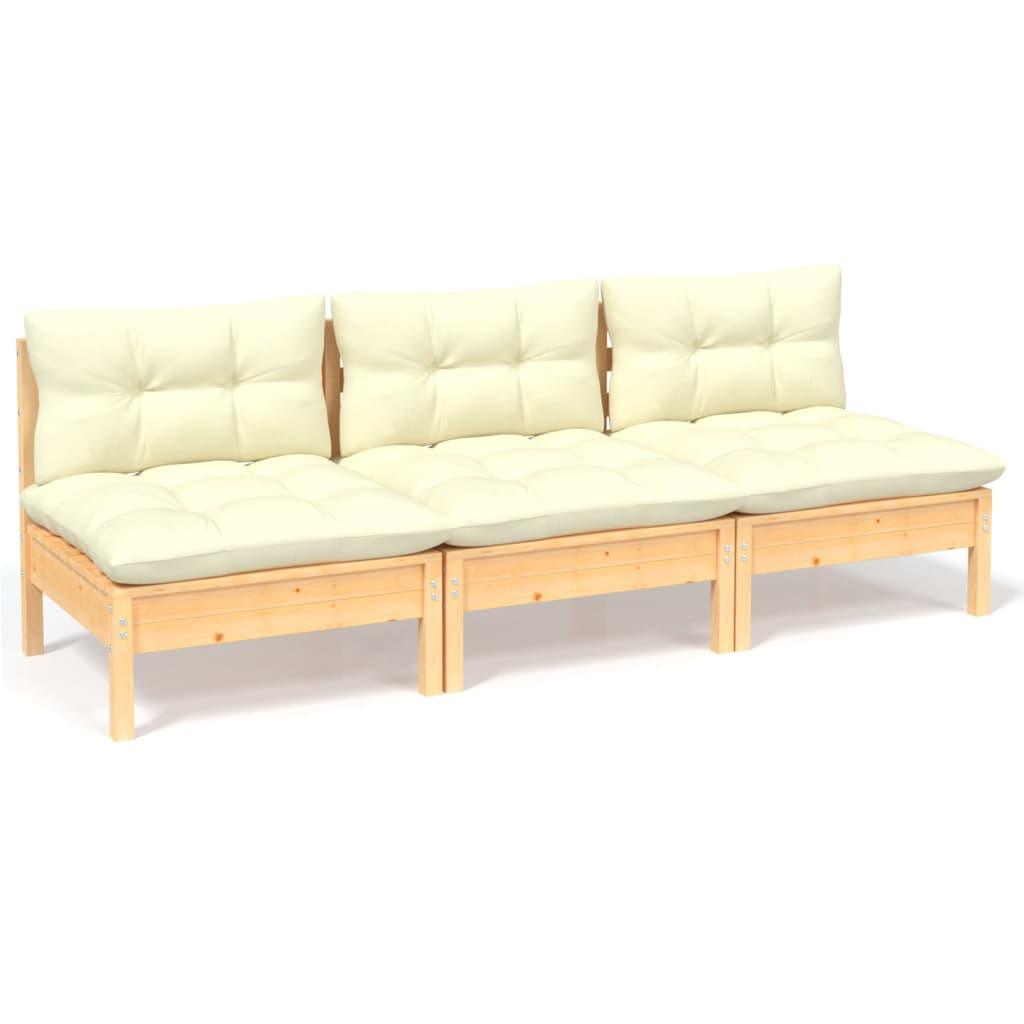 3-Seater Patio Sofa with Cream Cushions Solid Pinewood at Set Shop and Smile