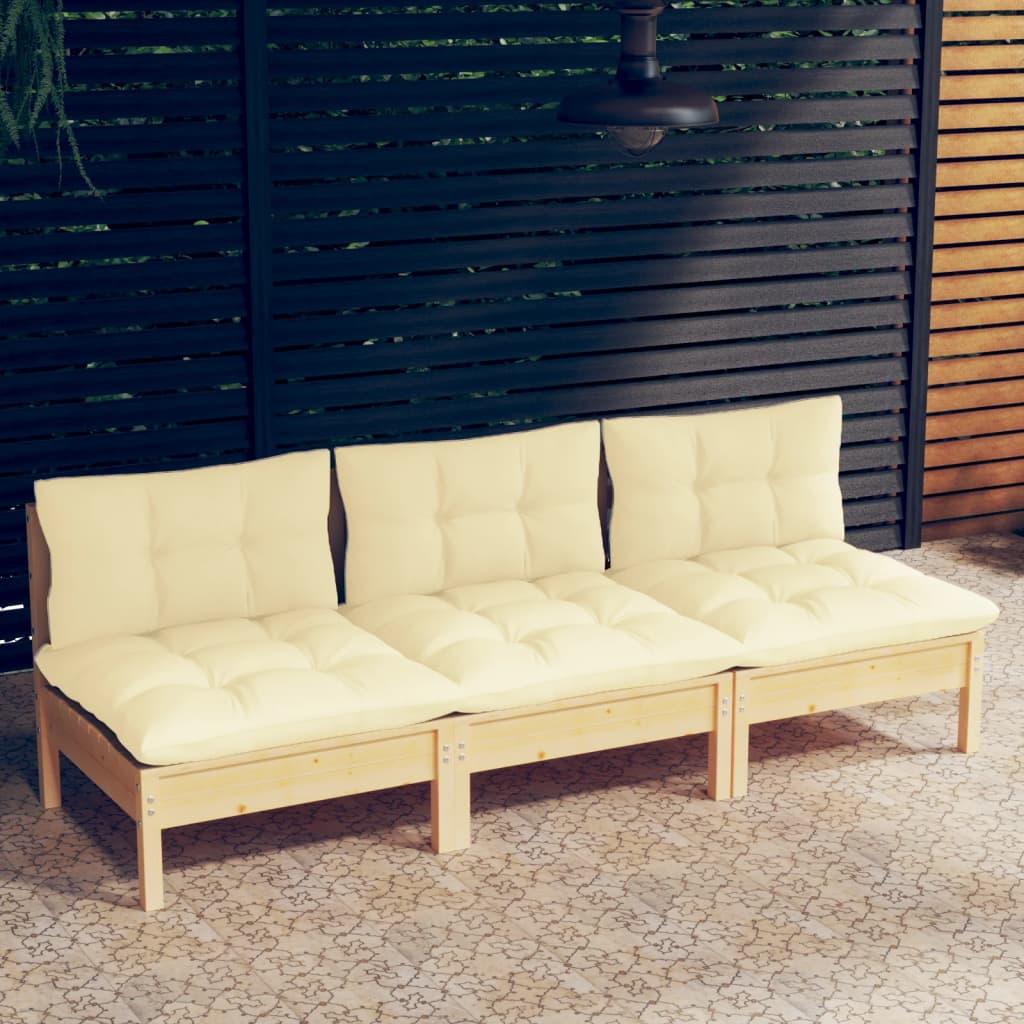 3-Seater Patio Sofa with Cream Cushions Solid Pinewood at Set Shop and Smile