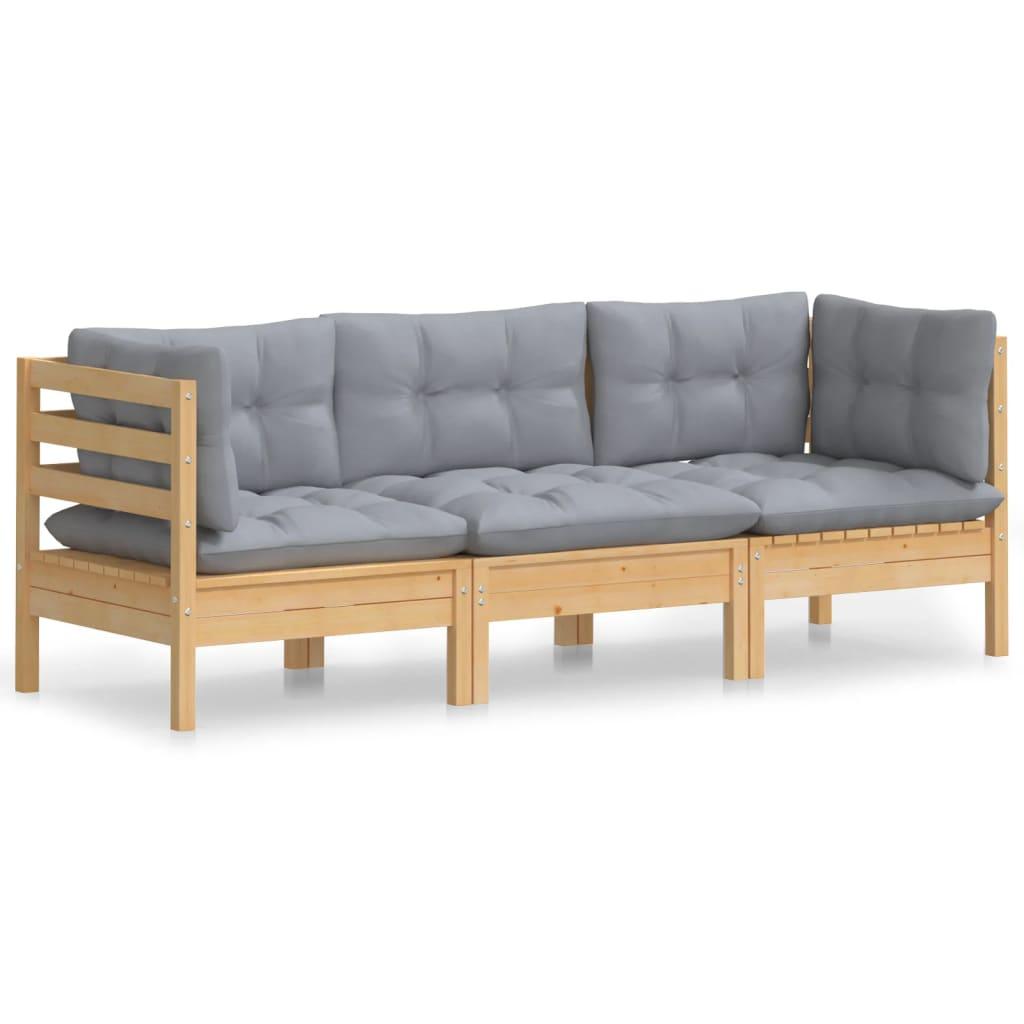 3-Seater Patio Sofa with Gray Cushions Solid Pinewood at Set Shop and Smile