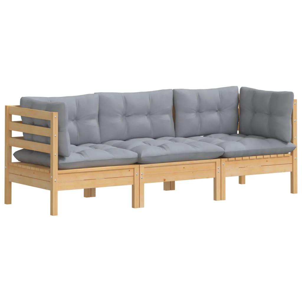 3-Seater Patio Sofa with Gray Cushions Solid Pinewood at Set Shop and Smile