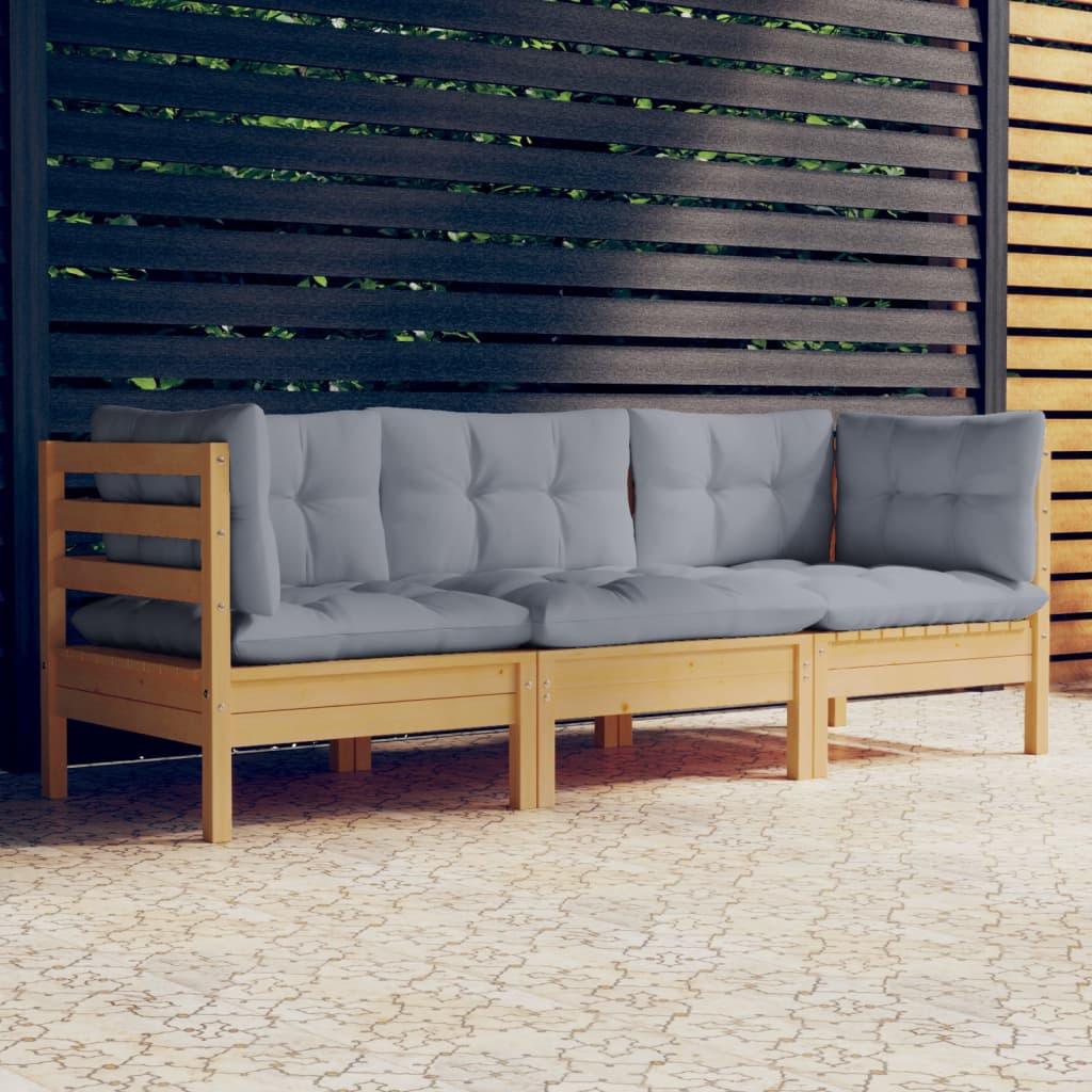 3-Seater Patio Sofa with Gray Cushions Solid Pinewood at Set Shop and Smile
