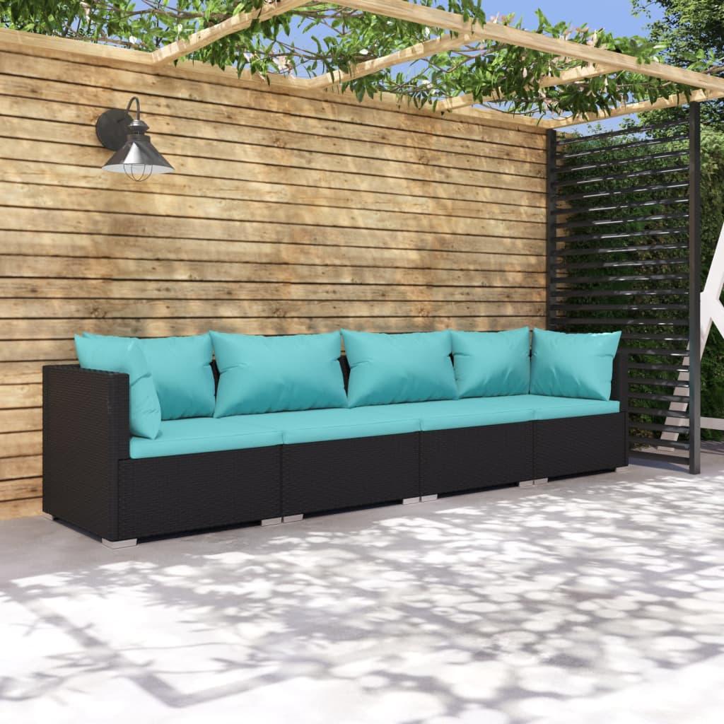 4 Piece Patio Lounge Set with Cushions Poly Rattan Black at Set Shop and Smile
