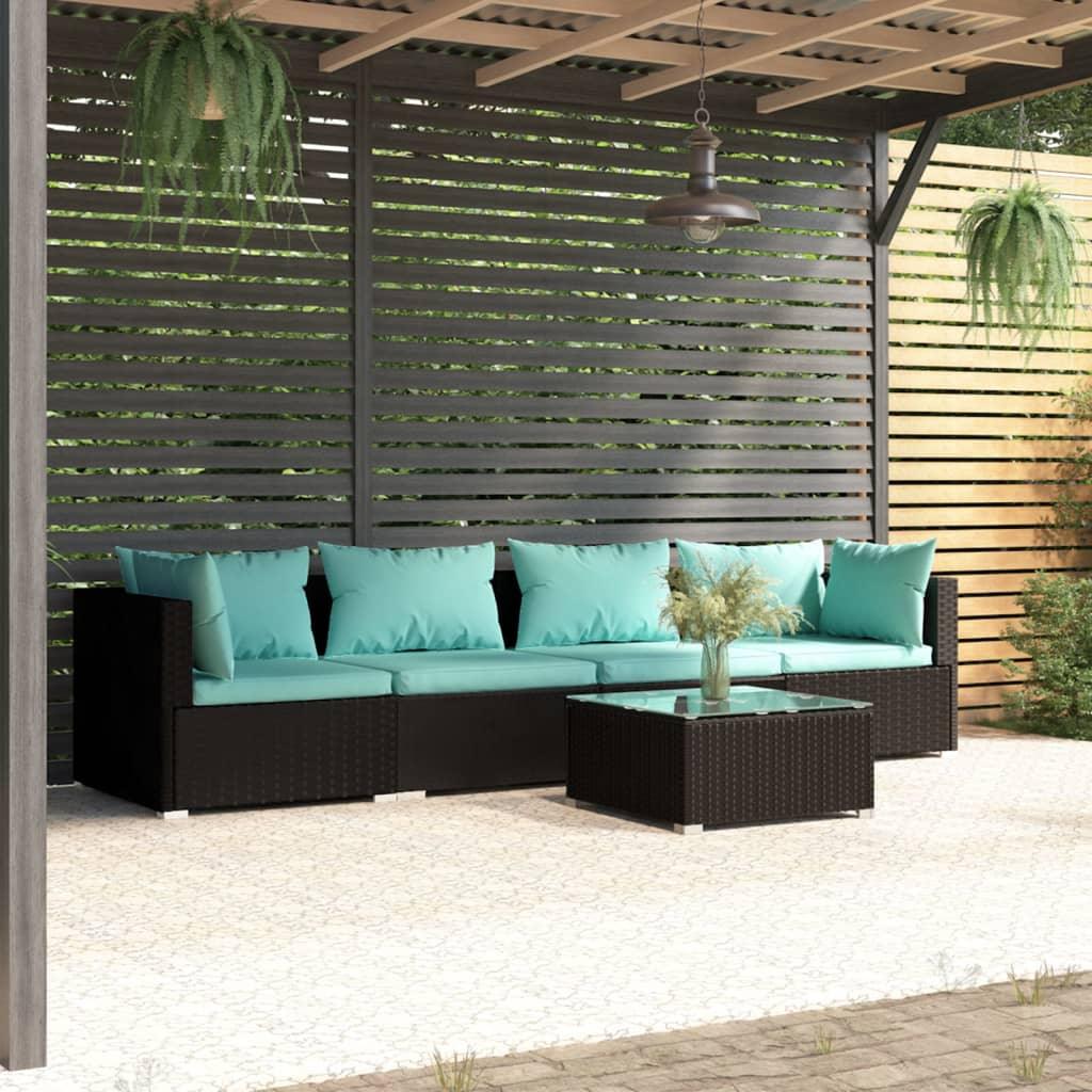 5 Piece Patio Lounge Set with Cushions Poly Rattan Black at Set Shop and Smile