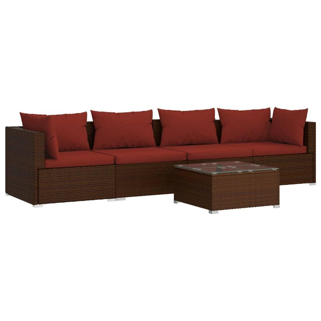 5 Piece Patio Lounge Set with Cushions Poly Rattan Brown at Set Shop and Smile