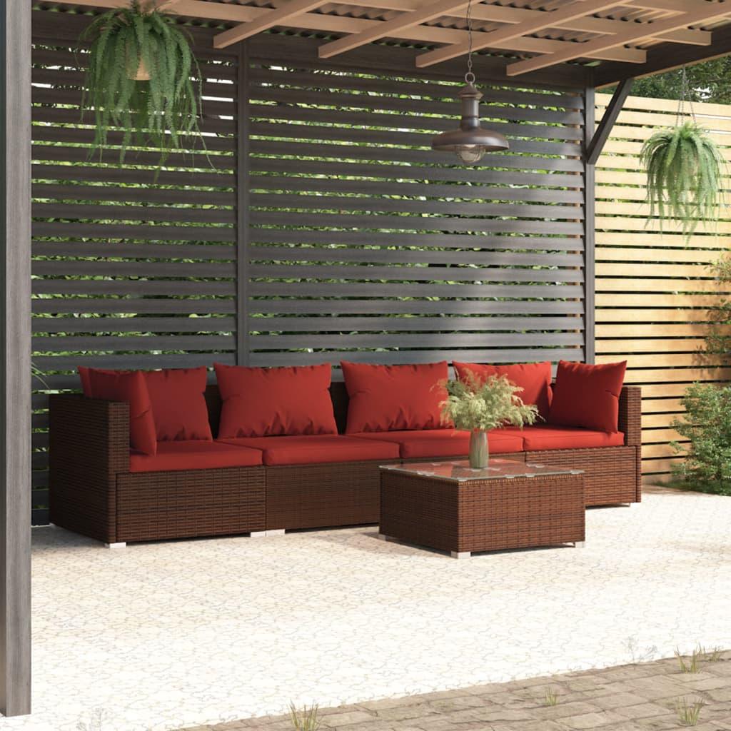 5 Piece Patio Lounge Set with Cushions Poly Rattan Brown at Set Shop and Smile
