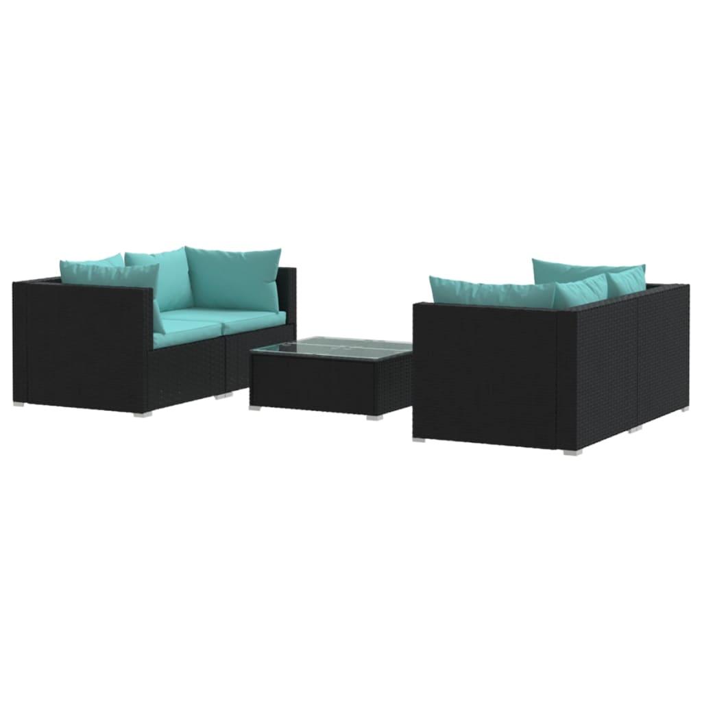 5 Piece Patio Lounge Set with Cushions Poly Rattan Black at Set Shop and Smile