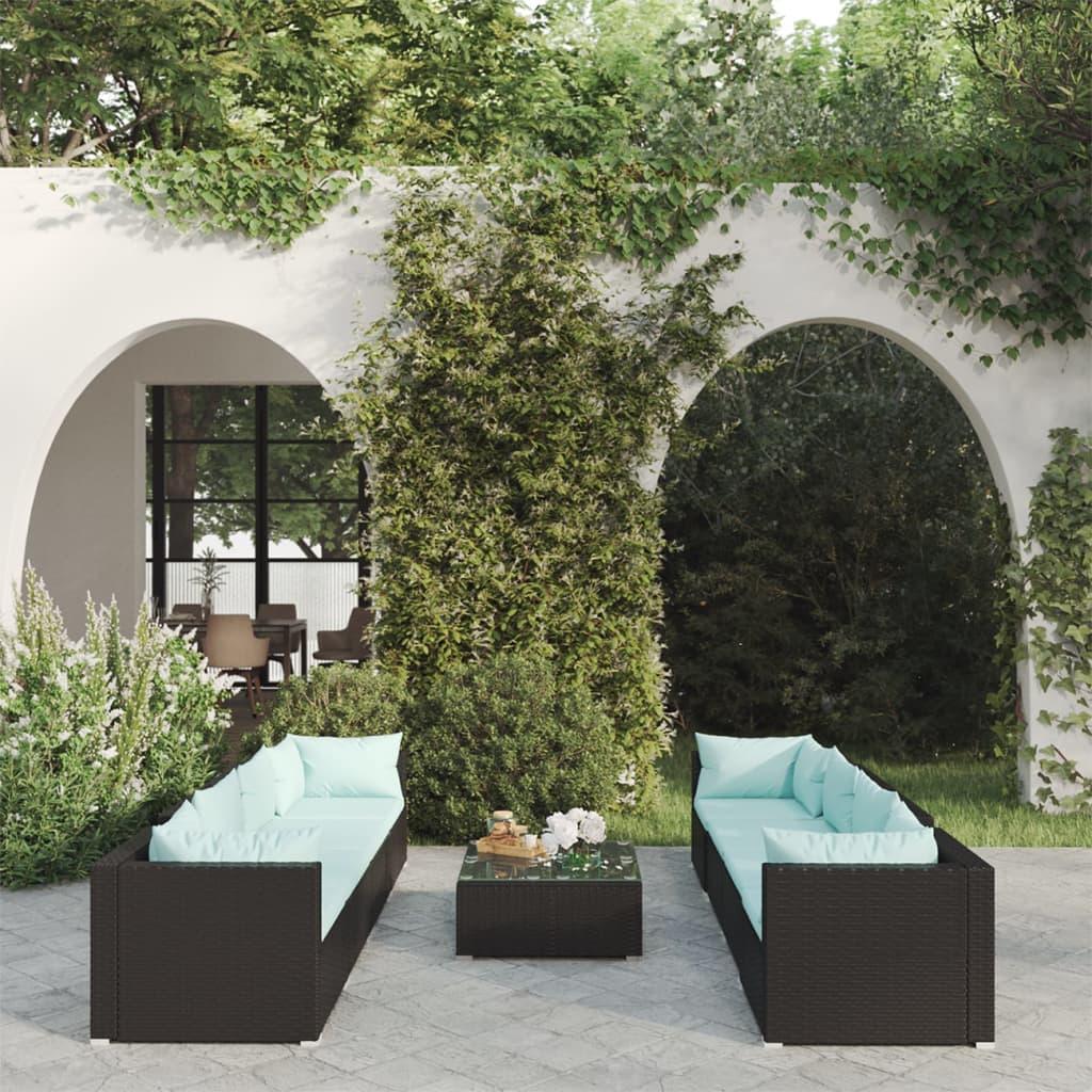 9 Piece Patio Lounge Set with Cushions Poly Rattan Black at Set Shop and Smile