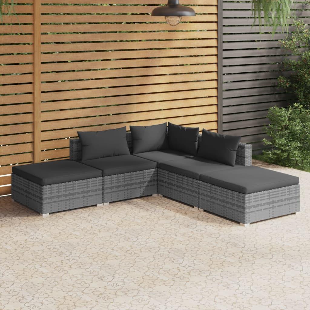 5 Piece Garden Lounge Set with Cushions Poly Rattan Gray at Set Shop and Smile