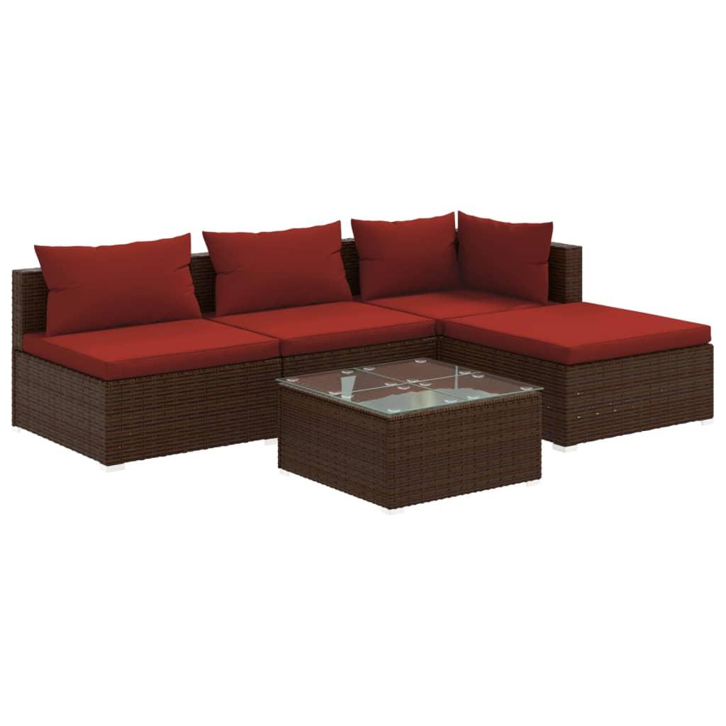 5 Piece Patio Lounge Set with Cushions Poly Rattan Brown at Set Shop and Smile