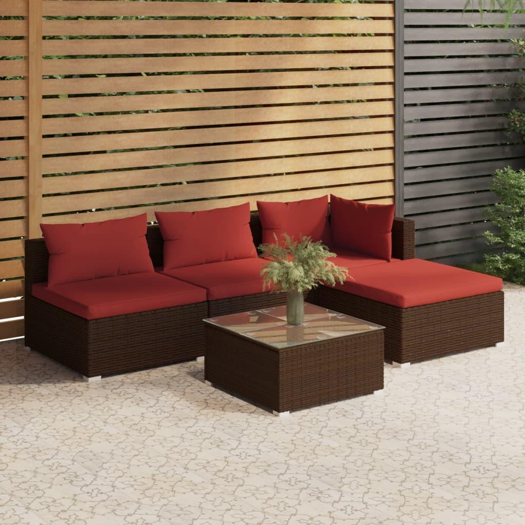 5 Piece Patio Lounge Set with Cushions Poly Rattan Brown at Set Shop and Smile
