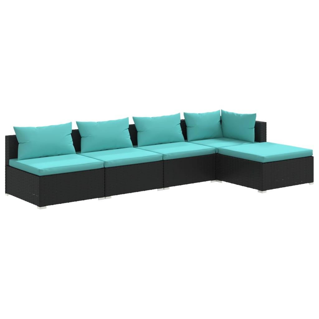 5 Piece Patio Lounge Set with Cushions Poly Rattan Black at Set Shop and Smile