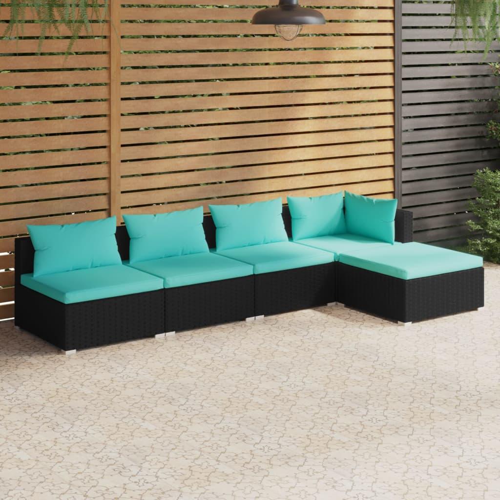 5 Piece Patio Lounge Set with Cushions Poly Rattan Black at Set Shop and Smile