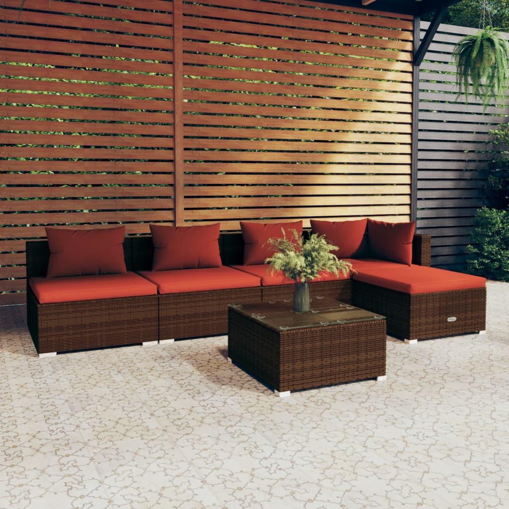 6 Piece Patio Lounge Set with Cushions Poly Rattan Brown at Set Shop and Smile