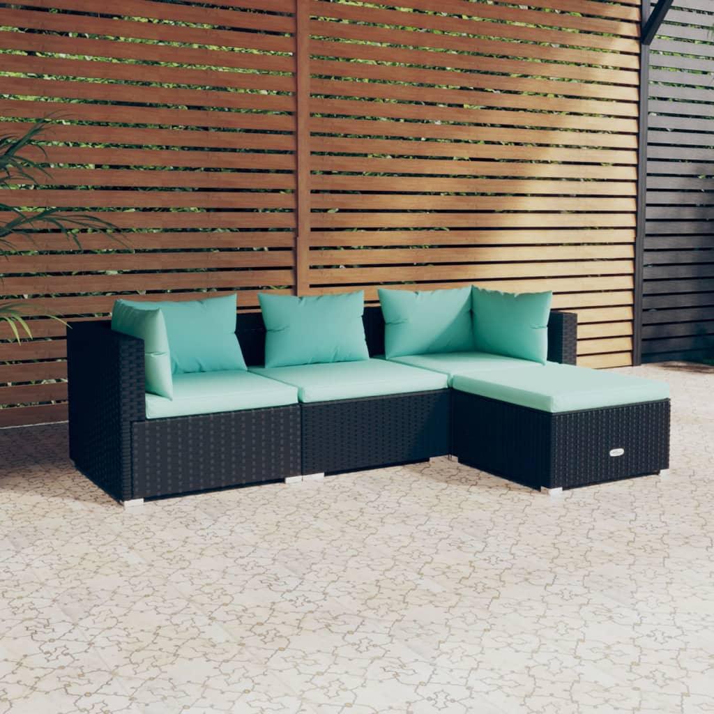 4 Piece Patio Lounge Set with Cushions Poly Rattan Black at Set Shop and Smile
