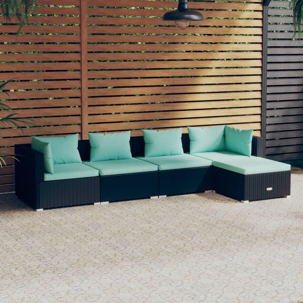 5 Piece Patio Lounge Set with Cushions Poly Rattan Black at Set Shop and Smile