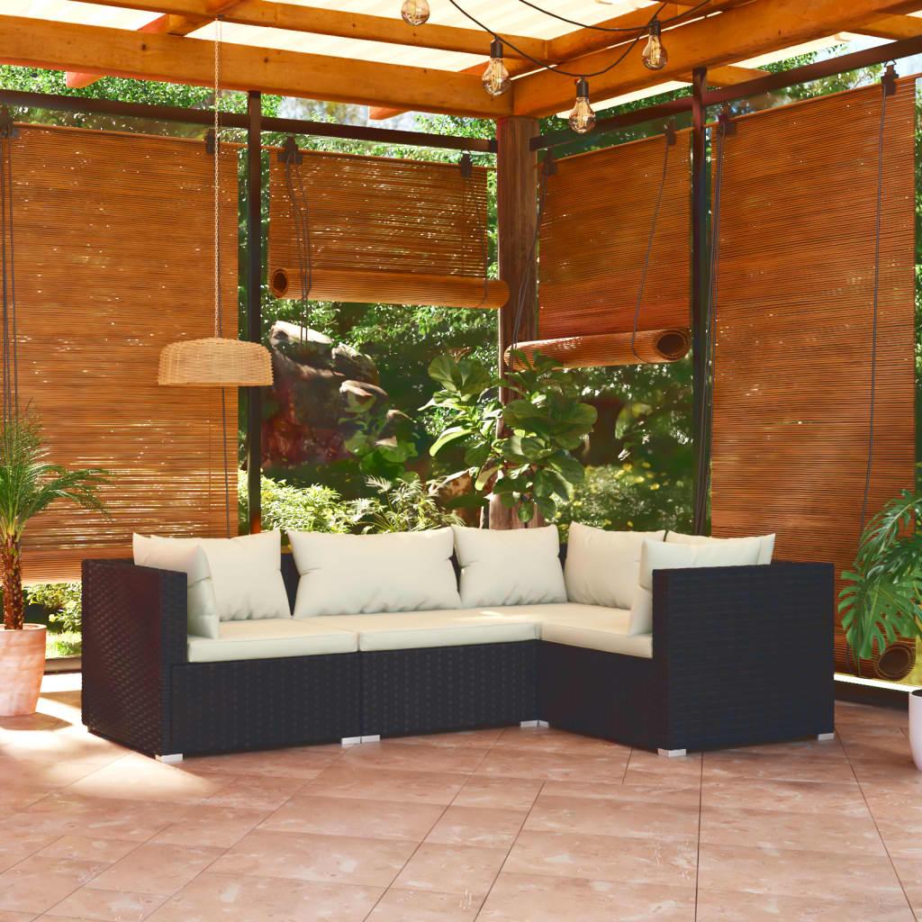 4 Piece Patio Lounge Set with Cushions Poly Rattan Black at Set Shop and Smile