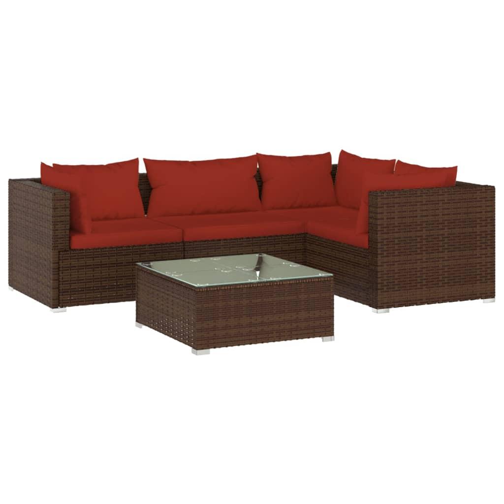 5 Piece Patio Lounge Set with Cushions Poly Rattan Brown at Set Shop and Smile