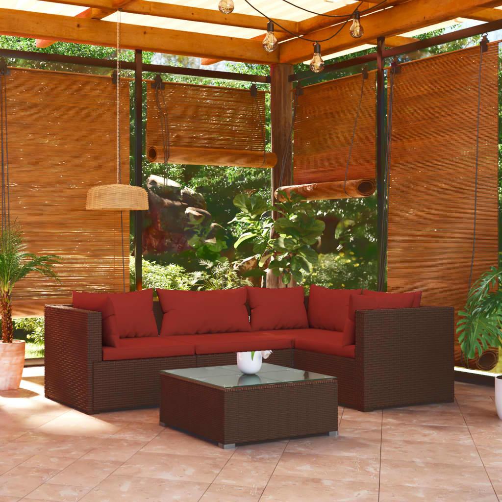 5 Piece Patio Lounge Set with Cushions Poly Rattan Brown at Set Shop and Smile