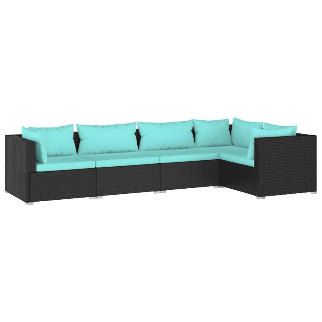 5 Piece Patio Lounge Set with Cushions Poly Rattan Black at Set Shop and Smile