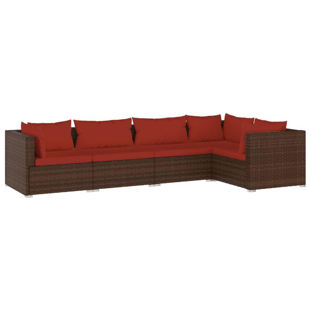 5 Piece Patio Lounge Set with Cushions Poly Rattan Brown at Set Shop and Smile