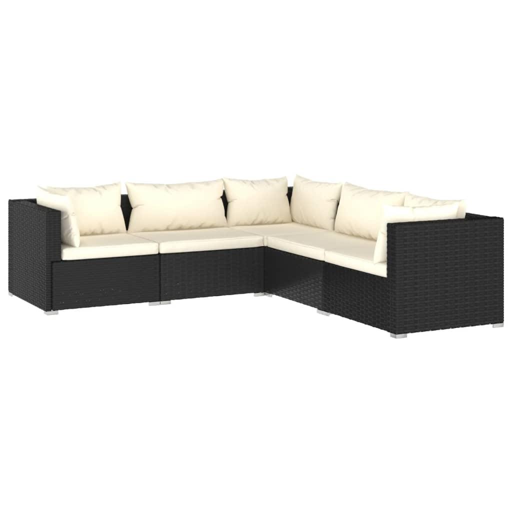 5 Piece Patio Lounge Set with Cushions Poly Rattan Black at Set Shop and Smile