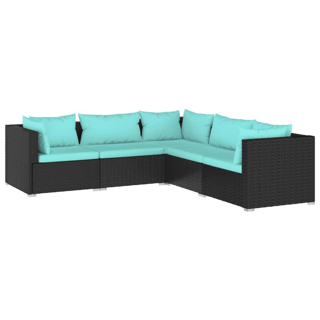 5 Piece Patio Lounge Set with Cushions Poly Rattan Black at Set Shop and Smile