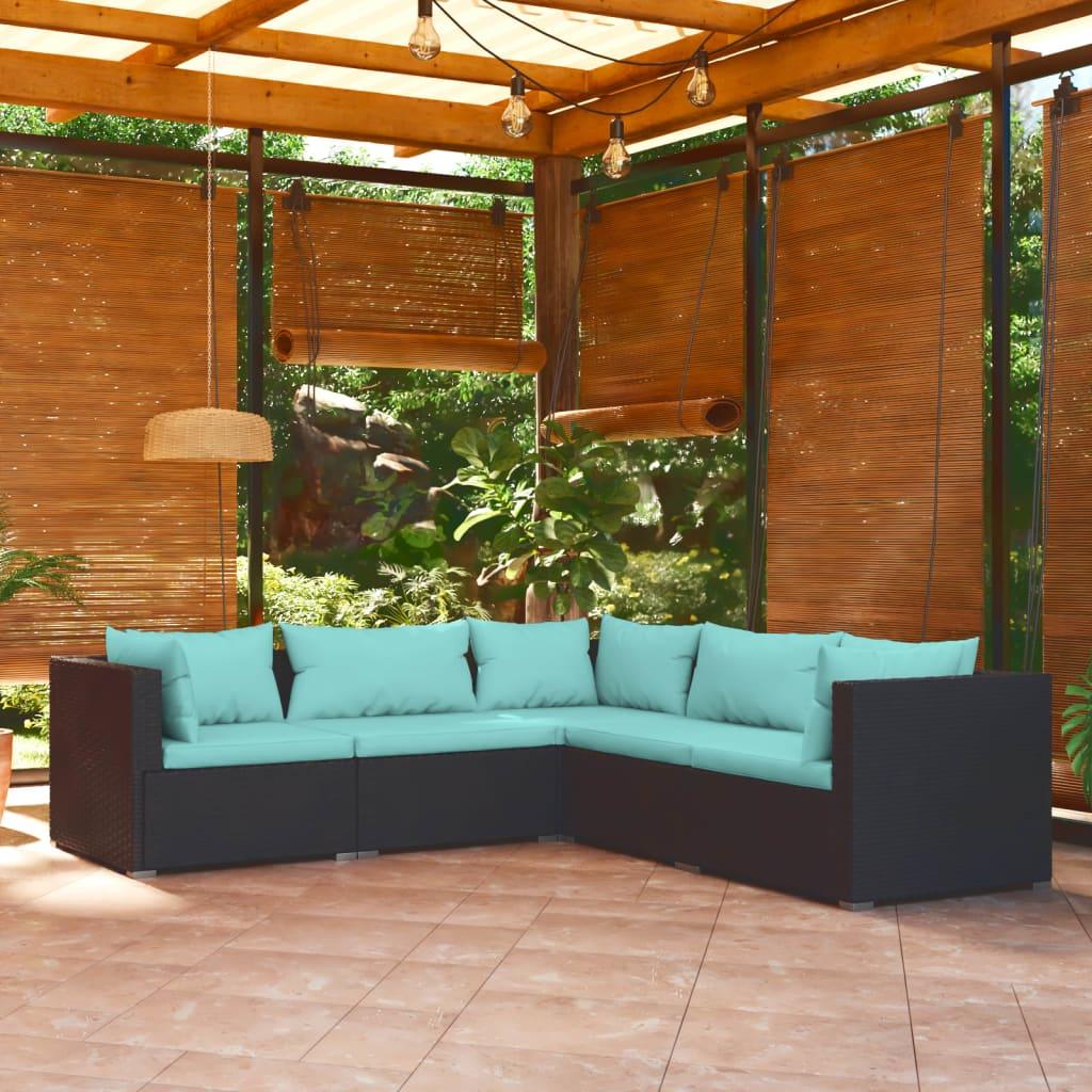 5 Piece Patio Lounge Set with Cushions Poly Rattan Black at Set Shop and Smile