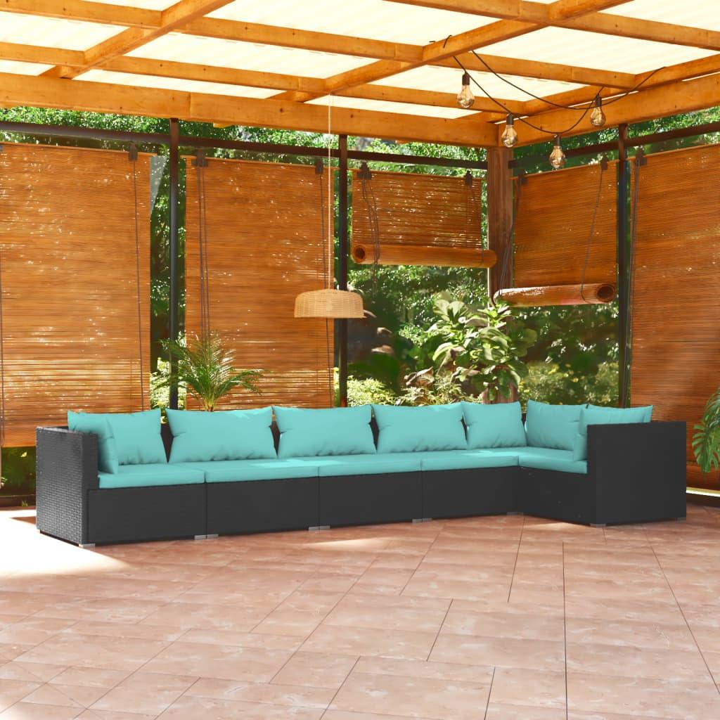 6 Piece Patio Lounge Set with Cushions Poly Rattan Black at Set Shop and Smile