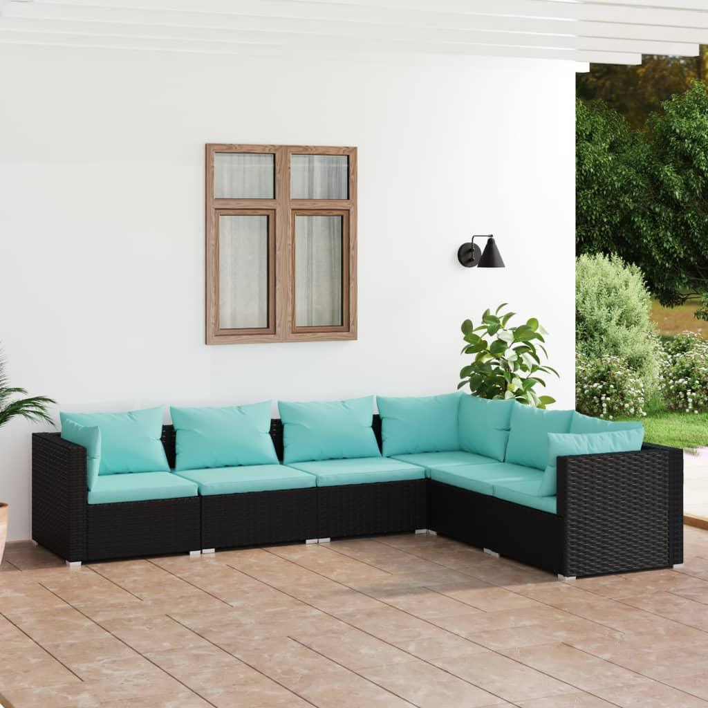 6 Piece Patio Lounge Set with Cushions Poly Rattan Black at Set Shop and Smile