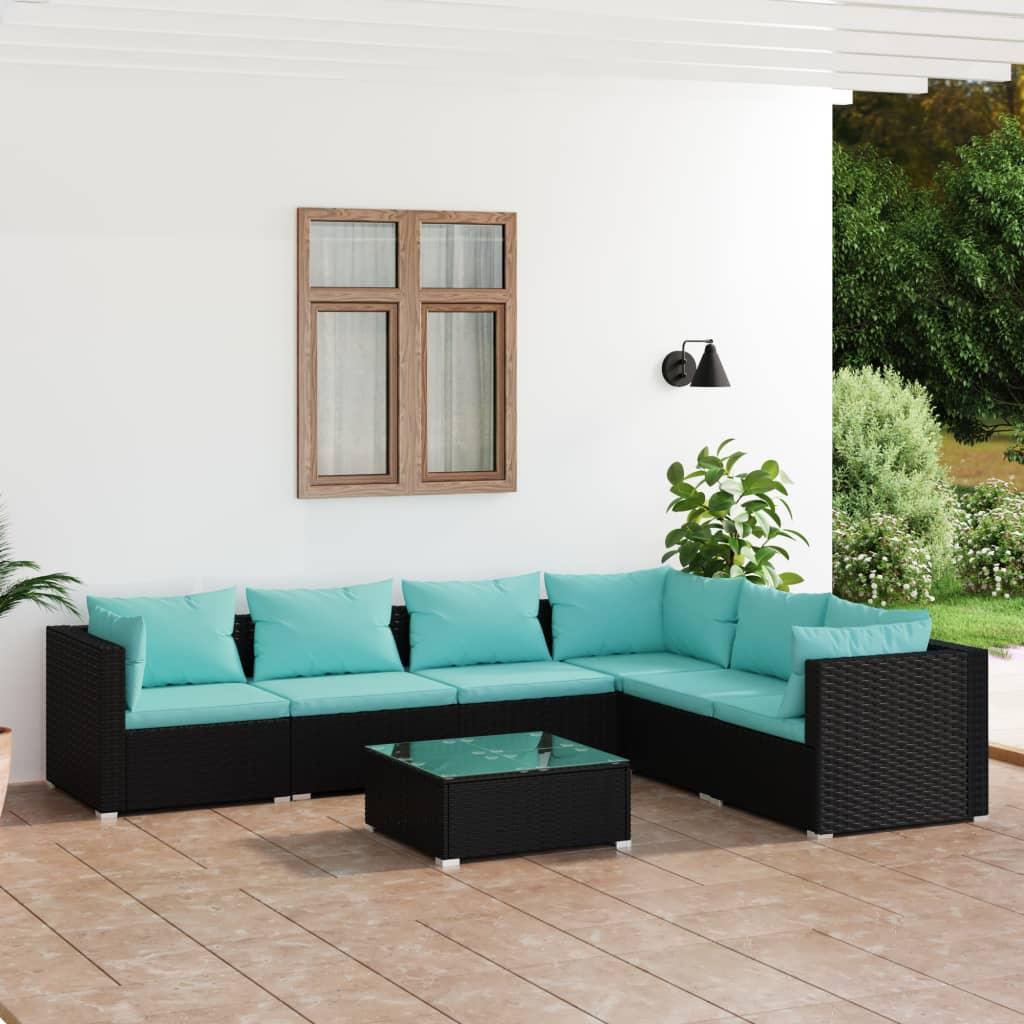 7 Piece Patio Lounge Set with Cushions Poly Rattan Black at Set Shop and Smile