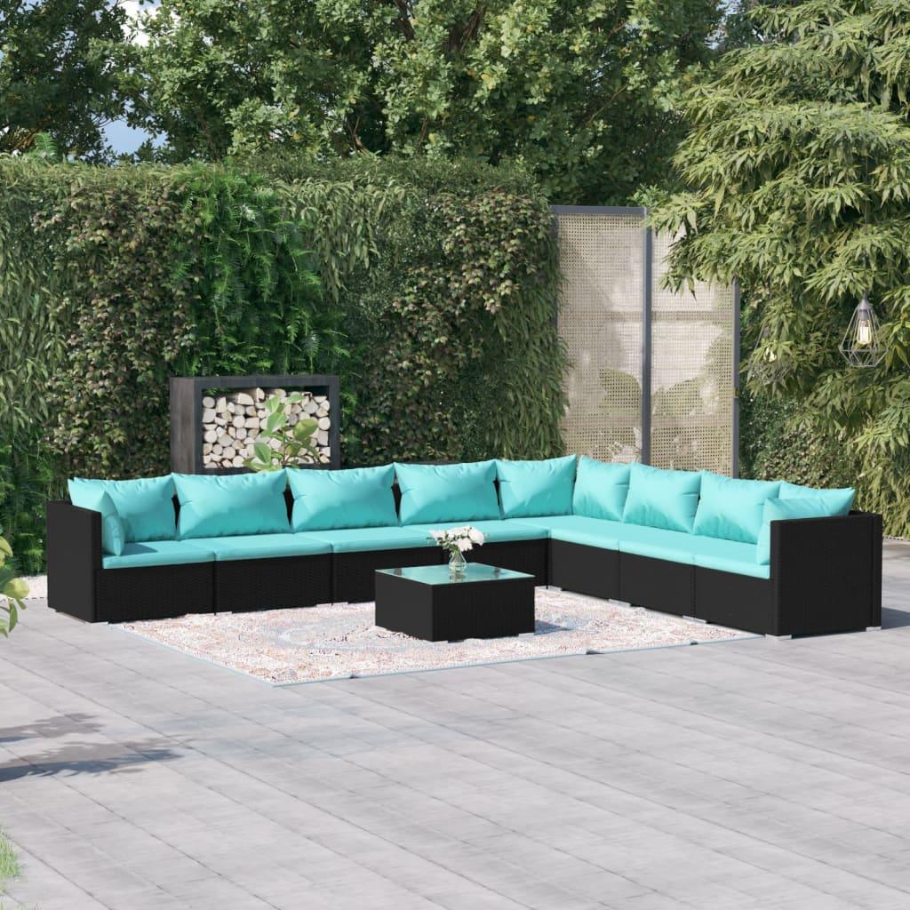 9 Piece Patio Lounge Set with Cushions Poly Rattan Black at Set Shop and Smile
