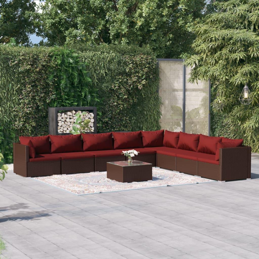 9 Piece Patio Lounge Set with Cushions Poly Rattan Brown at Set Shop and Smile