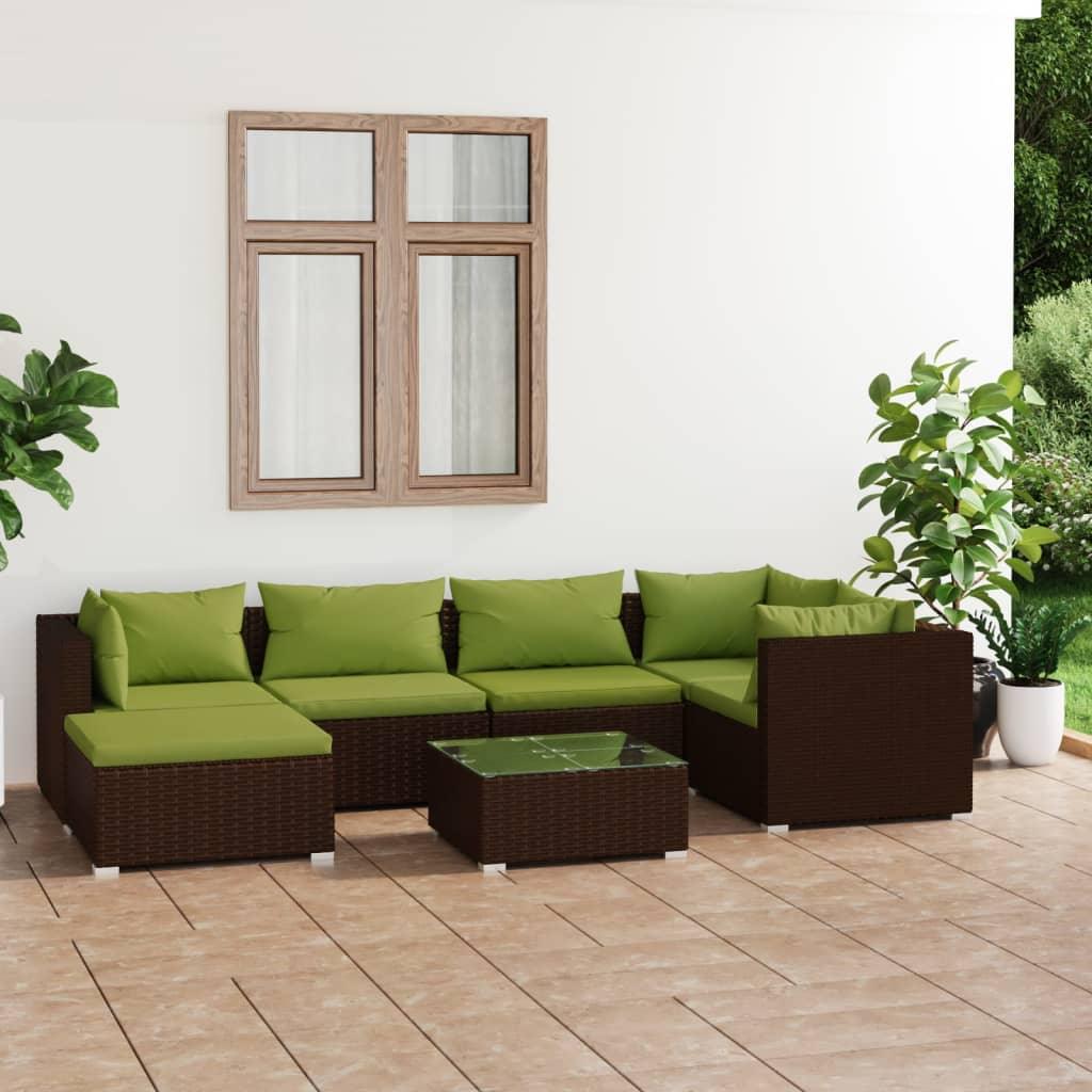 7 Piece Patio Lounge Set with Cushions Poly Rattan Brown at Set Shop and Smile