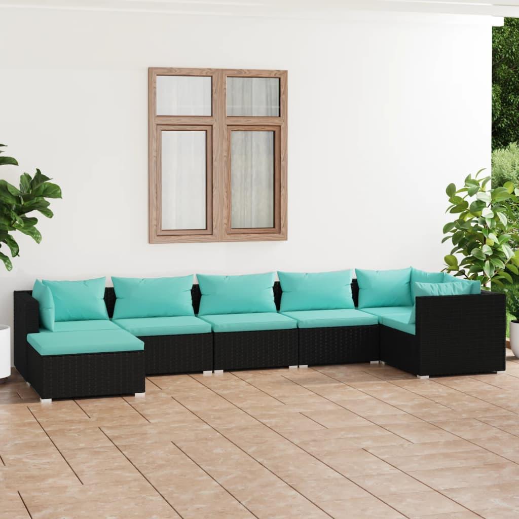 7 Piece Patio Lounge Set with Cushions Poly Rattan Black at Set Shop and Smile