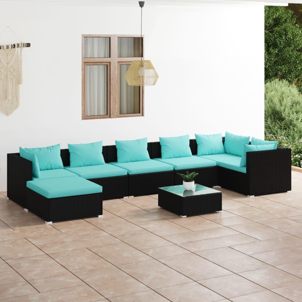 8 Piece Patio Lounge Set with Cushions Poly Rattan Black at Set Shop and Smile