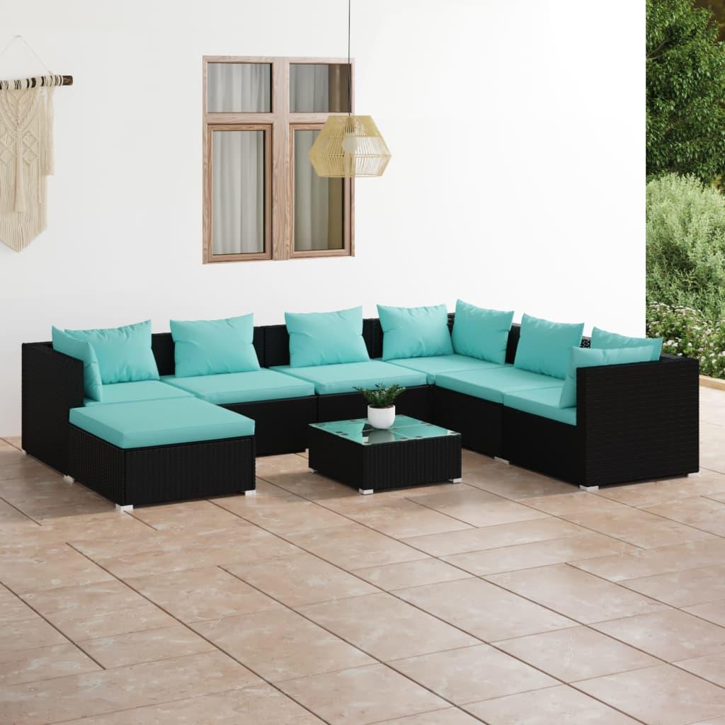 8 Piece Patio Lounge Set with Cushions Poly Rattan Black at Set Shop and Smile