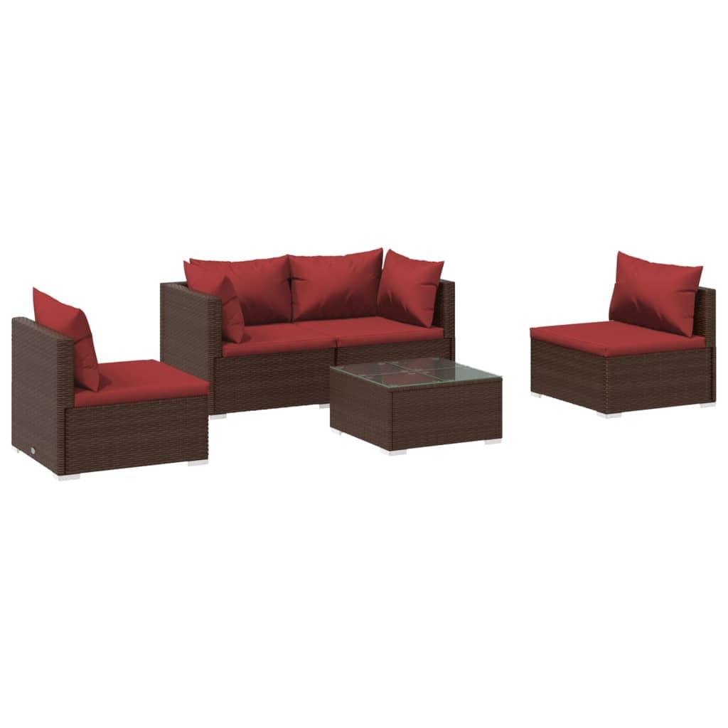5 Piece Patio Lounge Set with Cushions Poly Rattan Brown at Set Shop and Smile