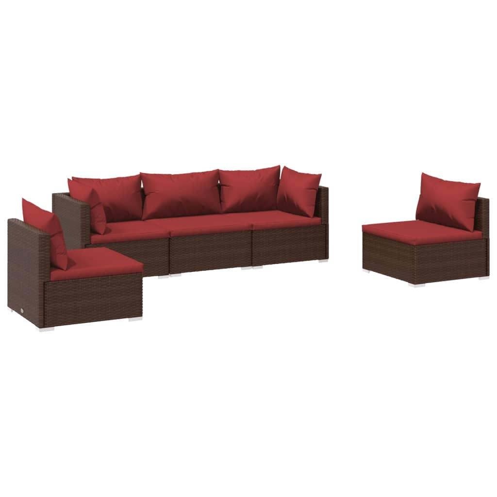 5 Piece Patio Lounge Set with Cushions Poly Rattan Brown at Set Shop and Smile
