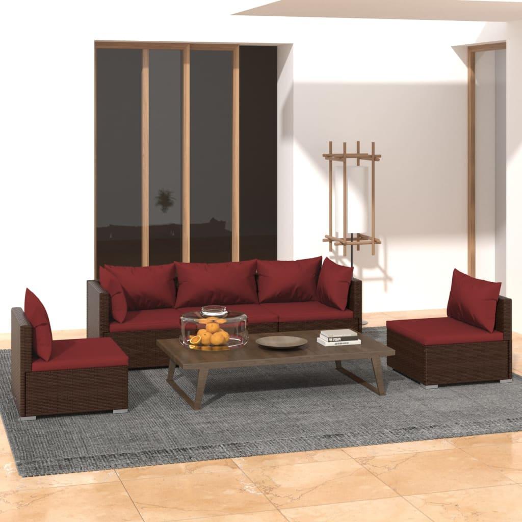 5 Piece Patio Lounge Set with Cushions Poly Rattan Brown at Set Shop and Smile