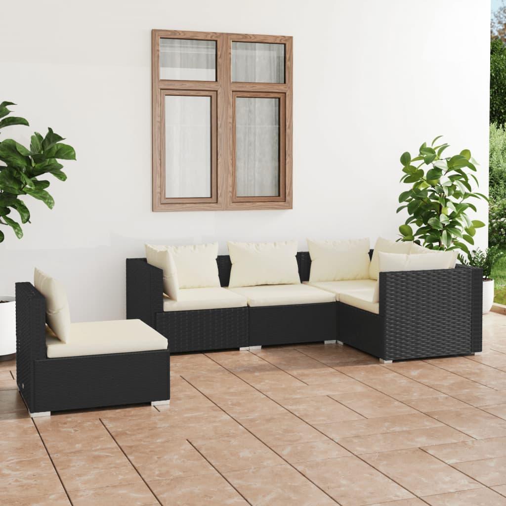 5 Piece Patio Lounge Set with Cushions Poly Rattan Black at Set Shop and Smile